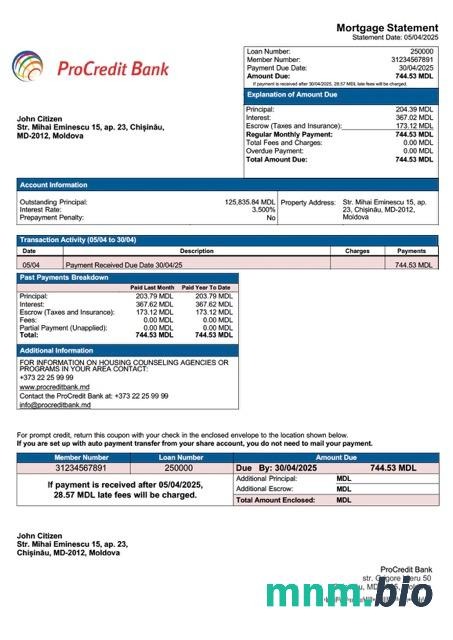 Mołdawia ProCredit Bank wyciąg z kredytu hipotecznego szablon Word i PDF